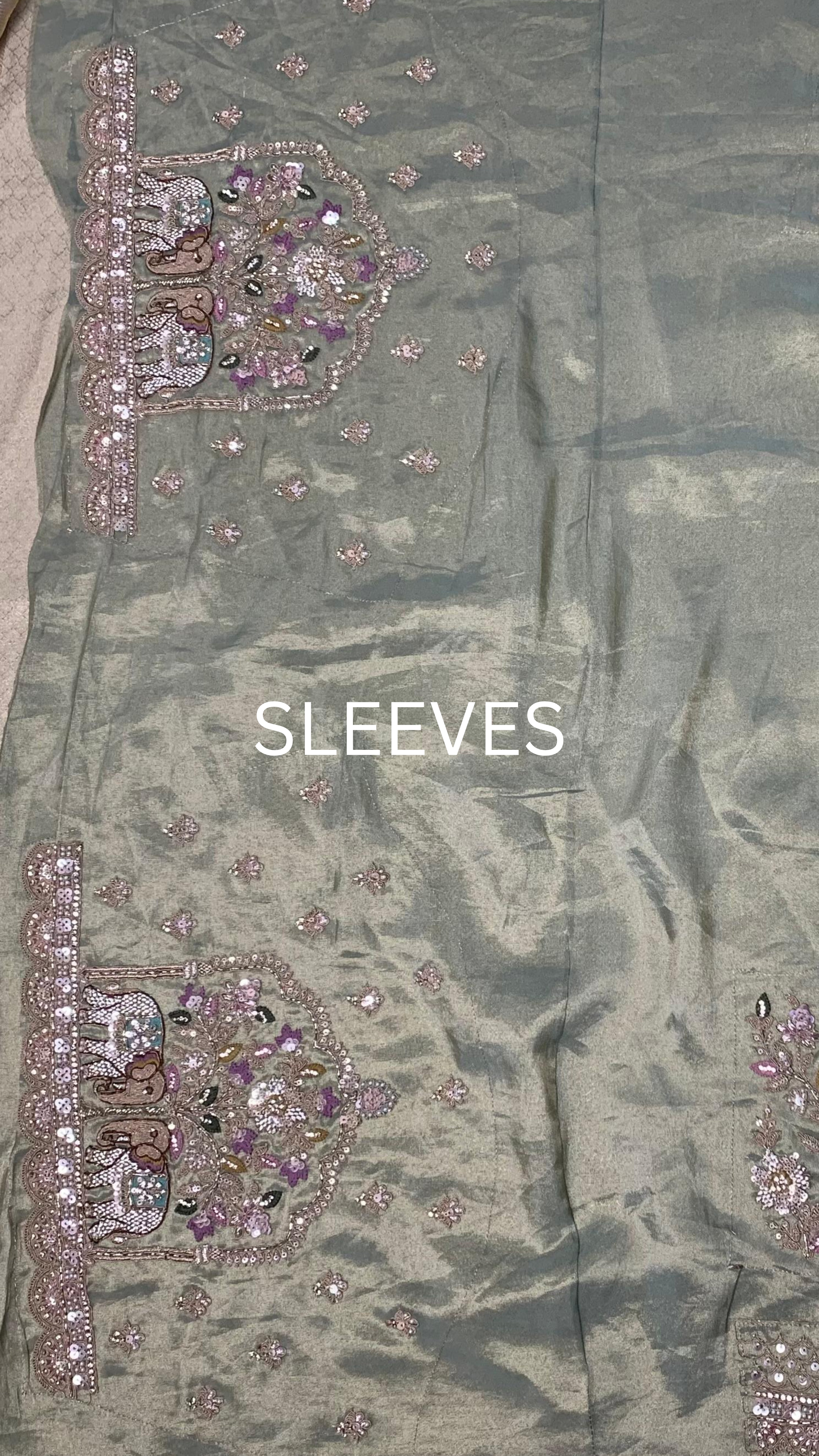 Muted Olive Gold Tissue Silk Saree Embellished with Zari, Cutdana & Zarkan Work